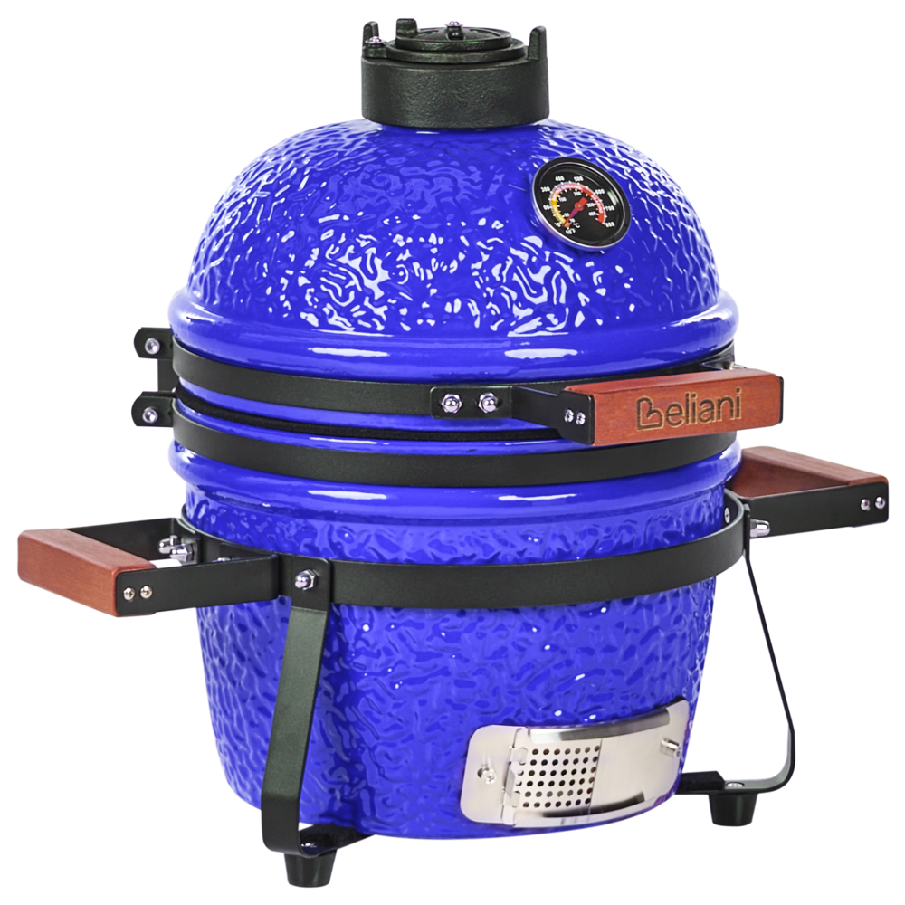 Mini barbecue da esterno in ceramica a carbone con coperchio termometro e griglia di cottura colore blu