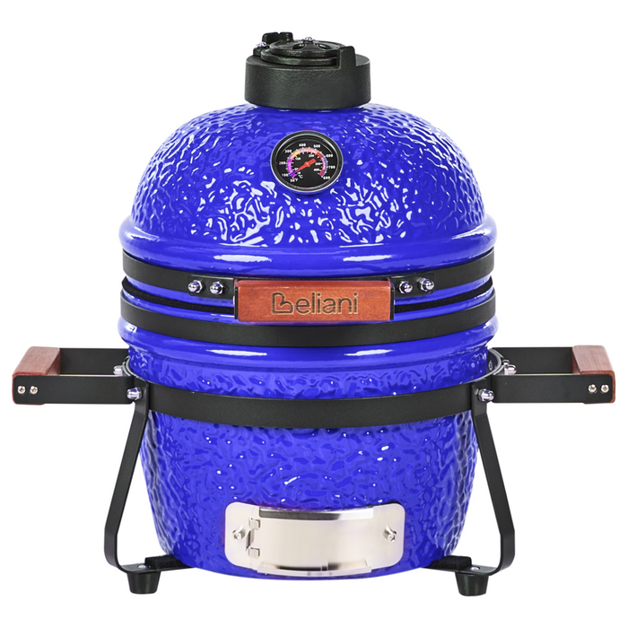 Mini barbecue da esterno in ceramica a carbone con coperchio termometro e griglia di cottura colore blu