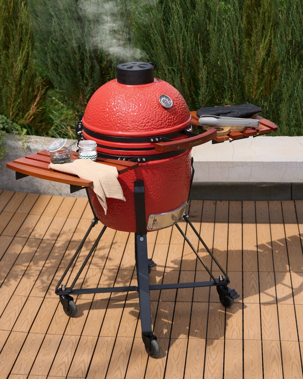 Mini barbecue da esterno in ceramica a carbone con coperchio termometro e griglia di cottura colore rosso