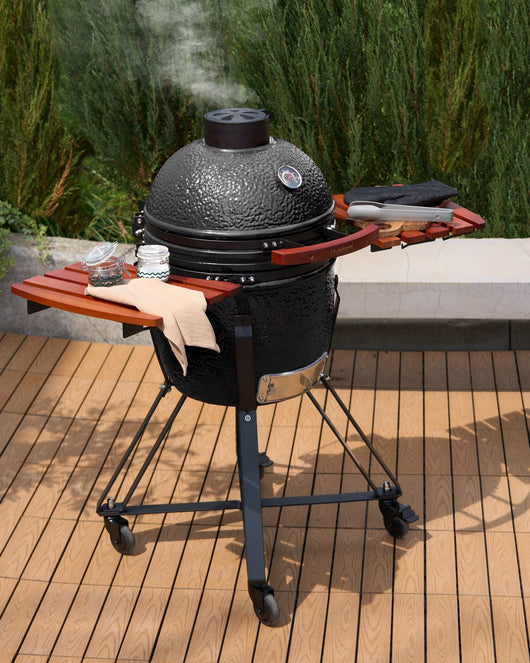 Barbecue da esterno in ceramica a carbone con coperchio termometro e griglia di cottura colore nero