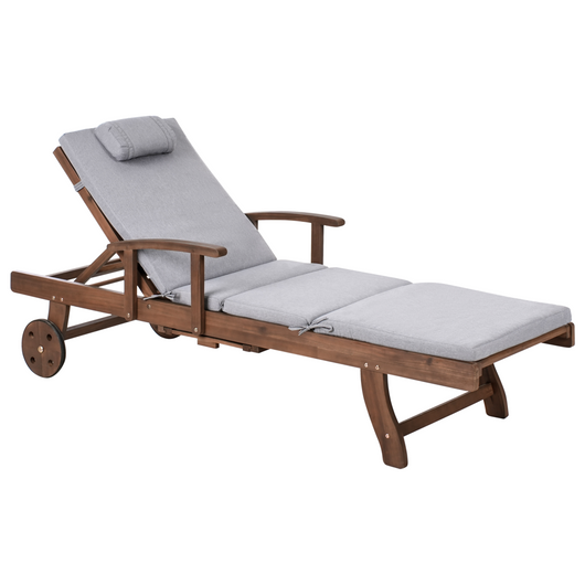 Lettino prendisole da esterno in legno di acacia scuro con cuscino Grigio melange stile rustico giardino terrazzo