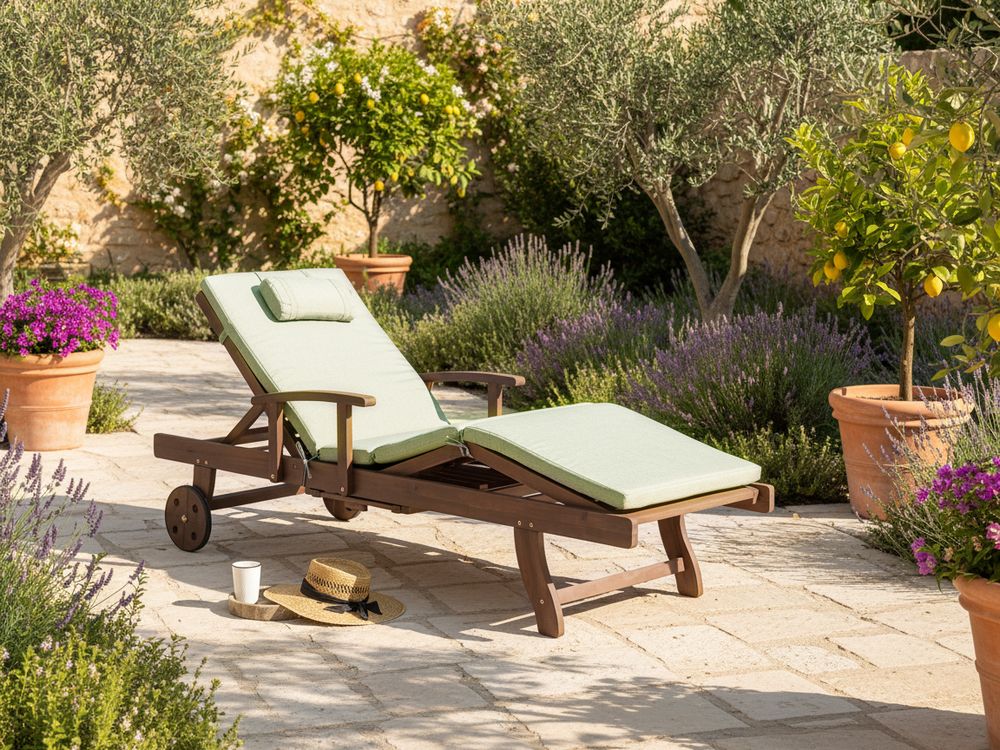 Lettino prendisole da esterno in legno di acacia scuro con cuscino verde stile rustico giardino terrazzo