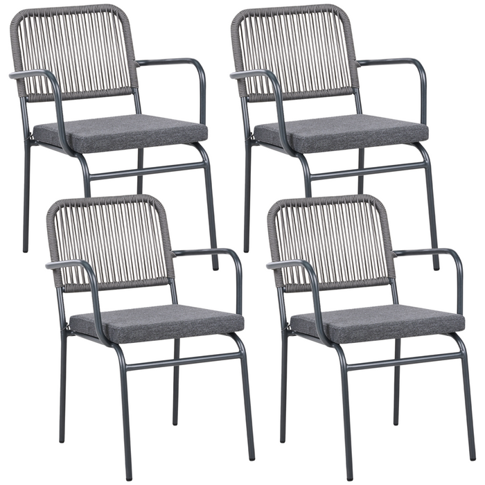 Set di 4 sedie da giardino in metallo alluminio impilabile verniciato a polvere per esterni con cuscini extra grigio