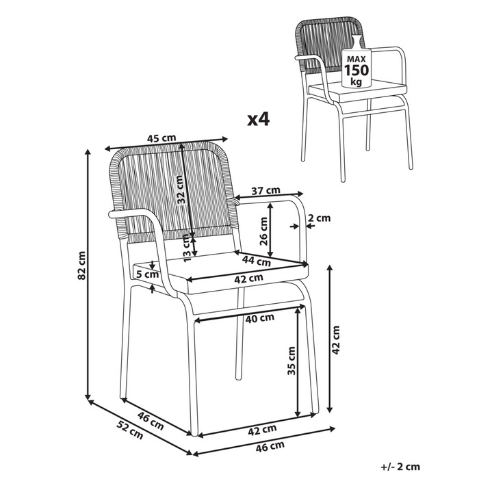 Set di 4 sedie da giardino in metallo alluminio impilabile verniciato a polvere per esterni con cuscini extra grigio