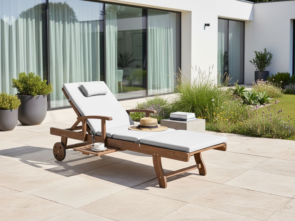 Lettino prendisole da esterno in legno di acacia scuro con cuscino grigio chiaro stile rustico giardino terrazzo