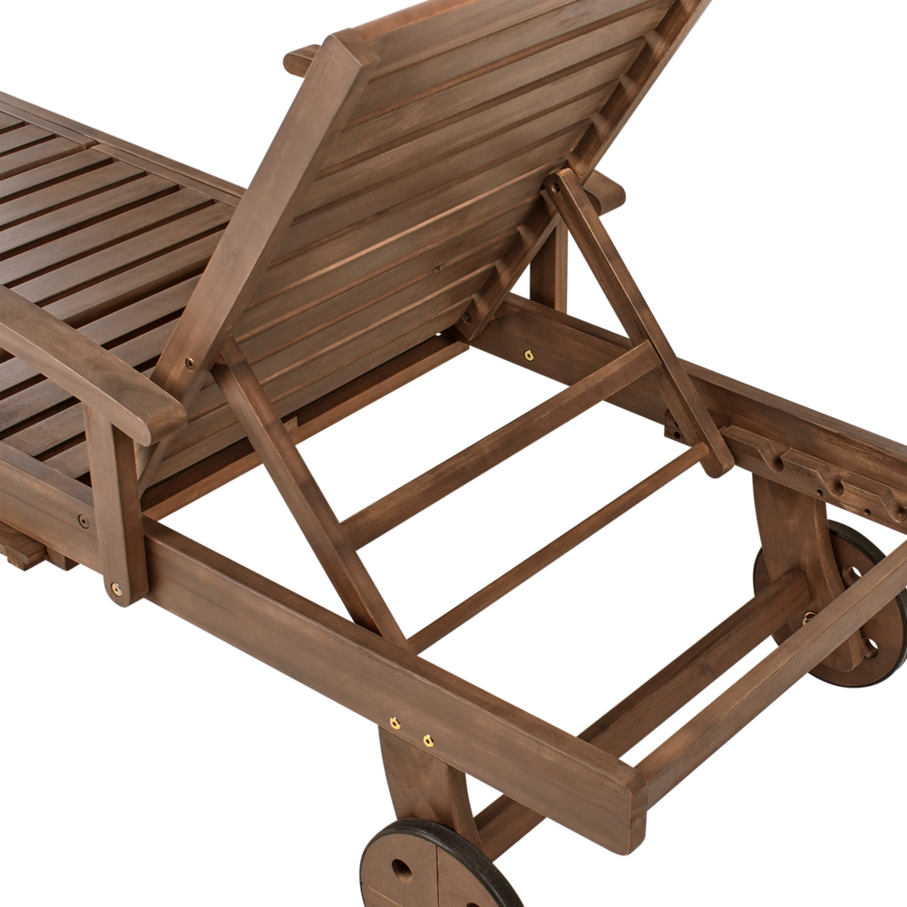 Lettino prendisole da esterno classico con doghe in legno di acacia scuro schienale regolabile ruote integrate stile rustico