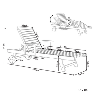 Lettino prendisole da esterno classico con doghe in legno di acacia scuro schienale regolabile ruote integrate stile rustico
