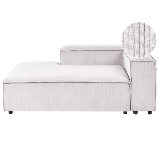 Chaise longue con rivestimento in velluto a coste in poliestere bianco sporco lato destro stile moderno