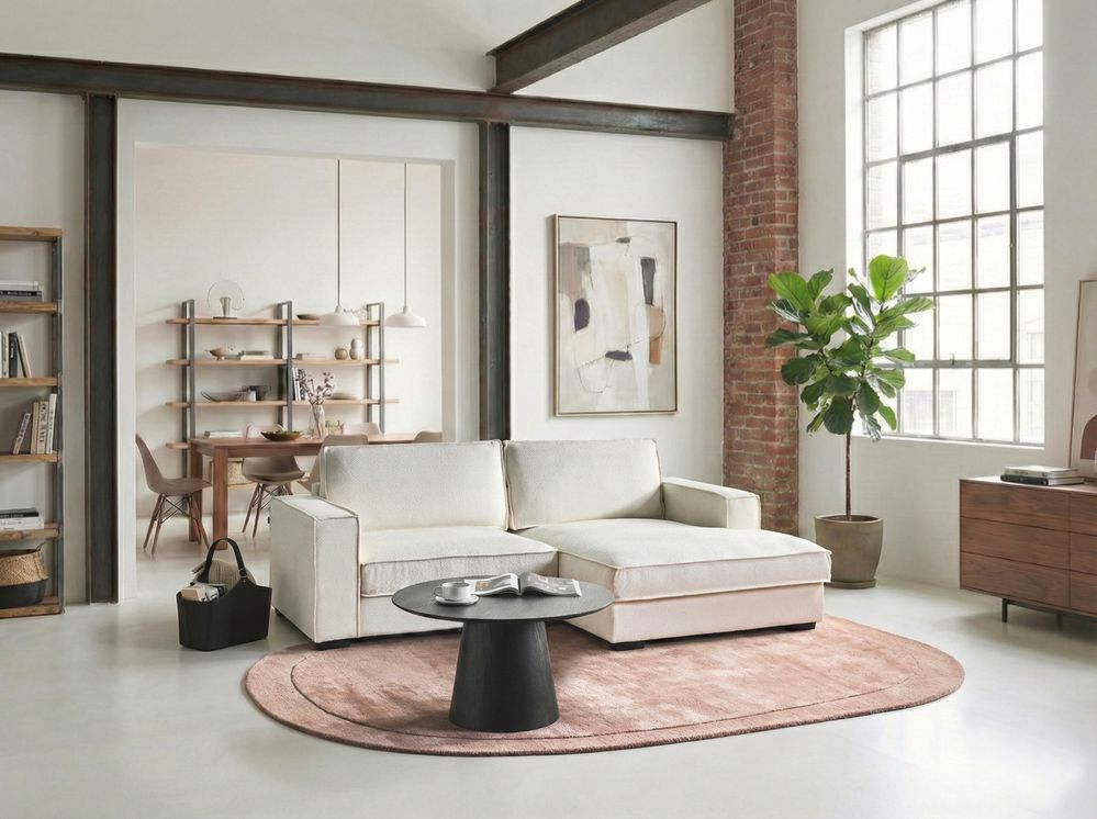 Divano angolare a sinistra in bouclé con schienale imbottito in poliestere e cuscini Beige chiaro stile moderno