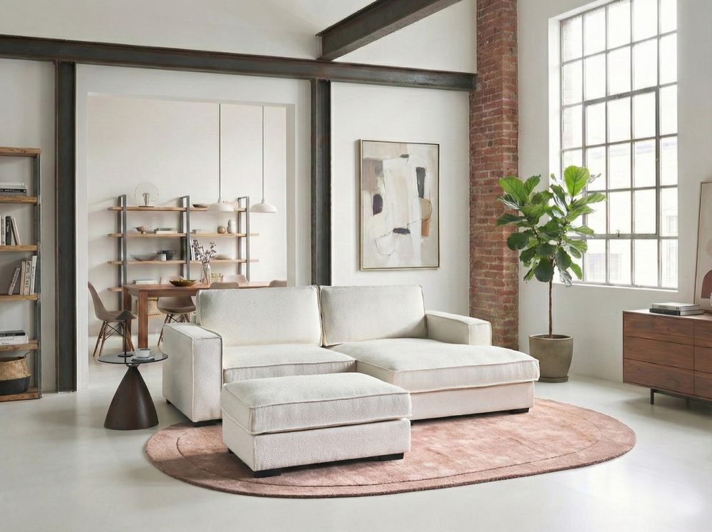 Divano angolare lato sinistro in bouclé con ottomana Schienale imbottito in poliestere con cuscini Beige chiaro stile moderno