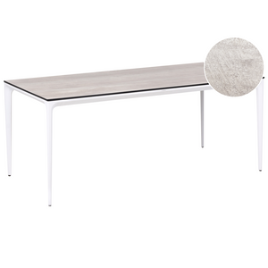Tavolo da pranzo da giardino Piano in HPL grigio chiaro Telaio in alluminio bianco Resistente ai raggi UV all'acqua e alla ruggine Stile moderno del patio esterno