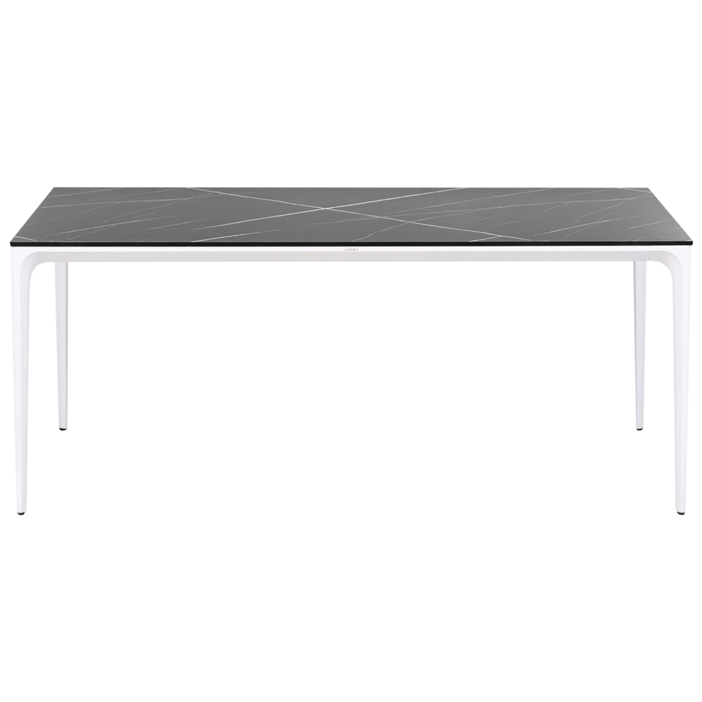Tavolo da pranzo da giardino Piano in HPL marmo nero Telaio in alluminio bianco Resistente ai raggi UV all'acqua e alla ruggine Stile moderno del patio esterno