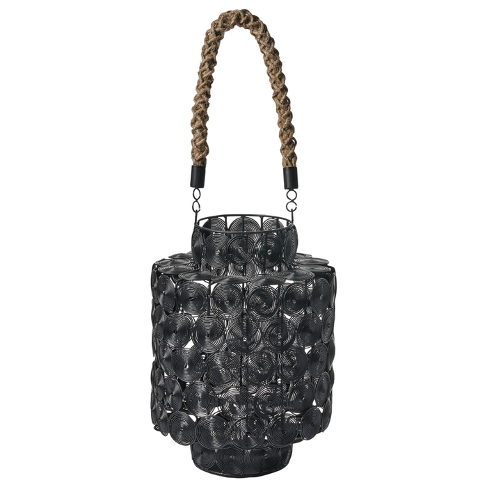 Lanterna in metallo con manico in juta portacandele nero stile marocchino