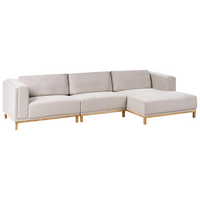 Divano angolare in velluto a coste a 5 posti con braccioli e gambe in legno beige chiaro in stile moderno