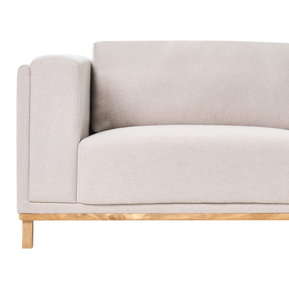 Divano angolare in velluto a coste a 5 posti con braccioli e gambe in legno beige chiaro in stile moderno