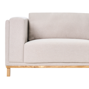 Divano angolare in velluto a coste a 5 posti con braccioli e gambe in legno beige chiaro in stile moderno