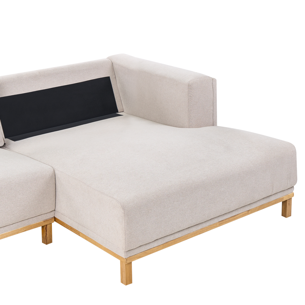 Divano angolare in velluto a coste a 5 posti con braccioli e gambe in legno beige chiaro in stile moderno