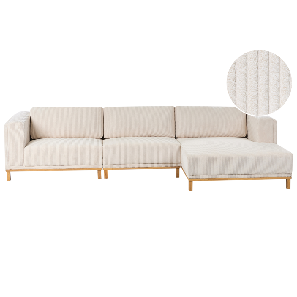 Divano angolare in velluto a 5 posti con braccioli e gambe in legno beige chiaro in stile moderno