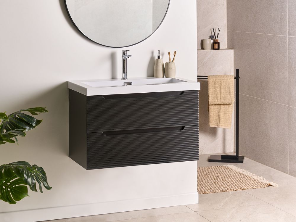 Mobile da bagno sospeso con lavabo in legno MDF e contenitore 80 cm Nero design moderno