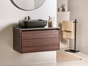 Mobile da bagno sospeso con lavabo in legno ingegnerizzato con contenitore 80 cm Marrone scuro design moderno