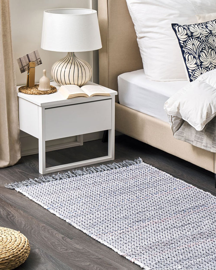 Tappeto di pezza in cotone grigio 80 x 150 cm con frangia rettangolare fatto a mano Boho