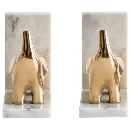 Set di 2 fermalibri moderni e glamour Decorazione per la casa Animali Elefanti Marmo Alluminio Oro Kotezi