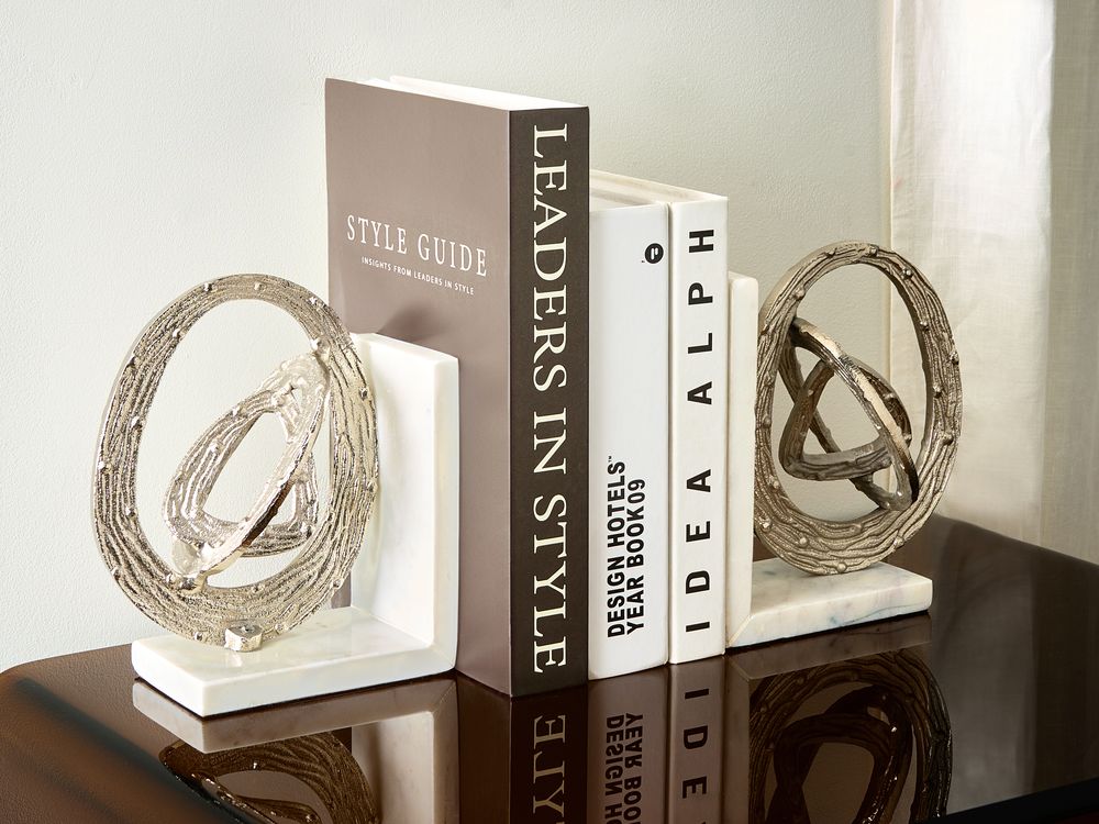 Set di 2 fermalibri moderni e glamour Decorazione per la casa Tema astratto Accento Marmo Alluminio Bianco Argento