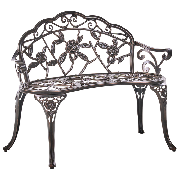 Panchina da giardino marrone scuro in metallo alluminio 2 posti braccioli stile vintage