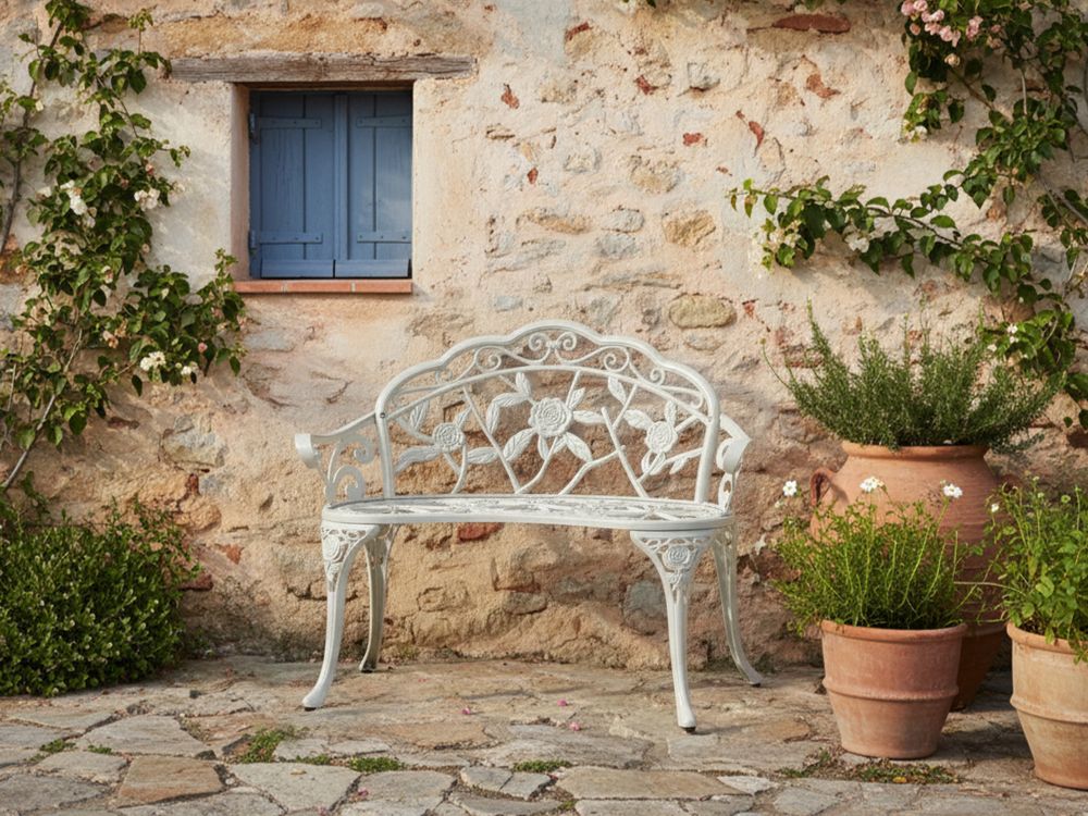 Panchina da giardino per esterni in metallo bianco alluminio 2 posti braccioli stile vintage