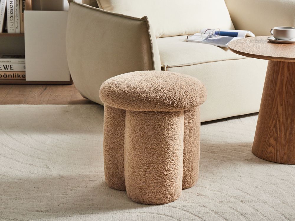 Pouf Beige Boucle Rotondo 40 x 40 x 45 cm Poggiapiedi Tappezzeria a forma di fungo Soggiorno moderno Camera da letto