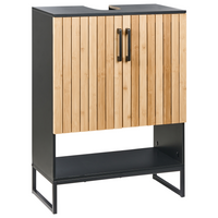 Mobile da bagno con struttura in acciaio e bambù 2 ripiani mobili da bagno neri e marrone chiaro