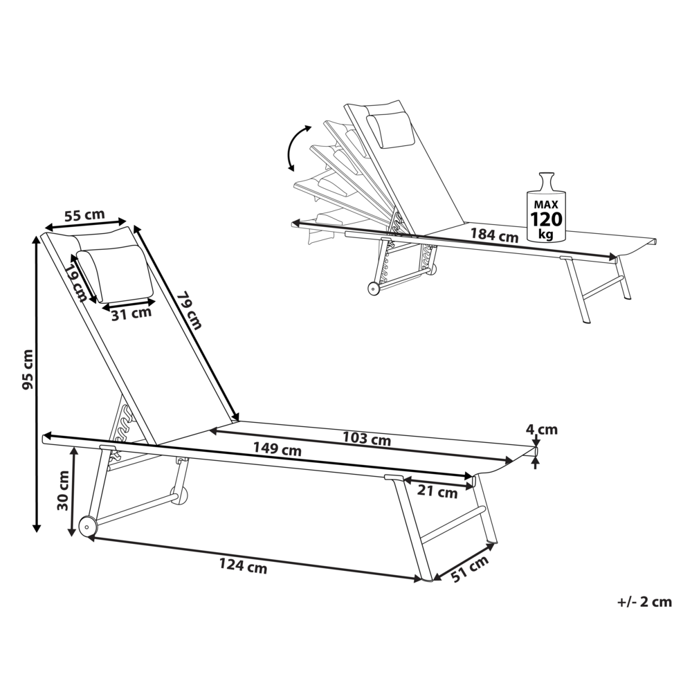 Set di 2 lettini da giardino con telaio in acciaio verniciato a polvere schienale regolabile cuscino poggiatesta telaio nero