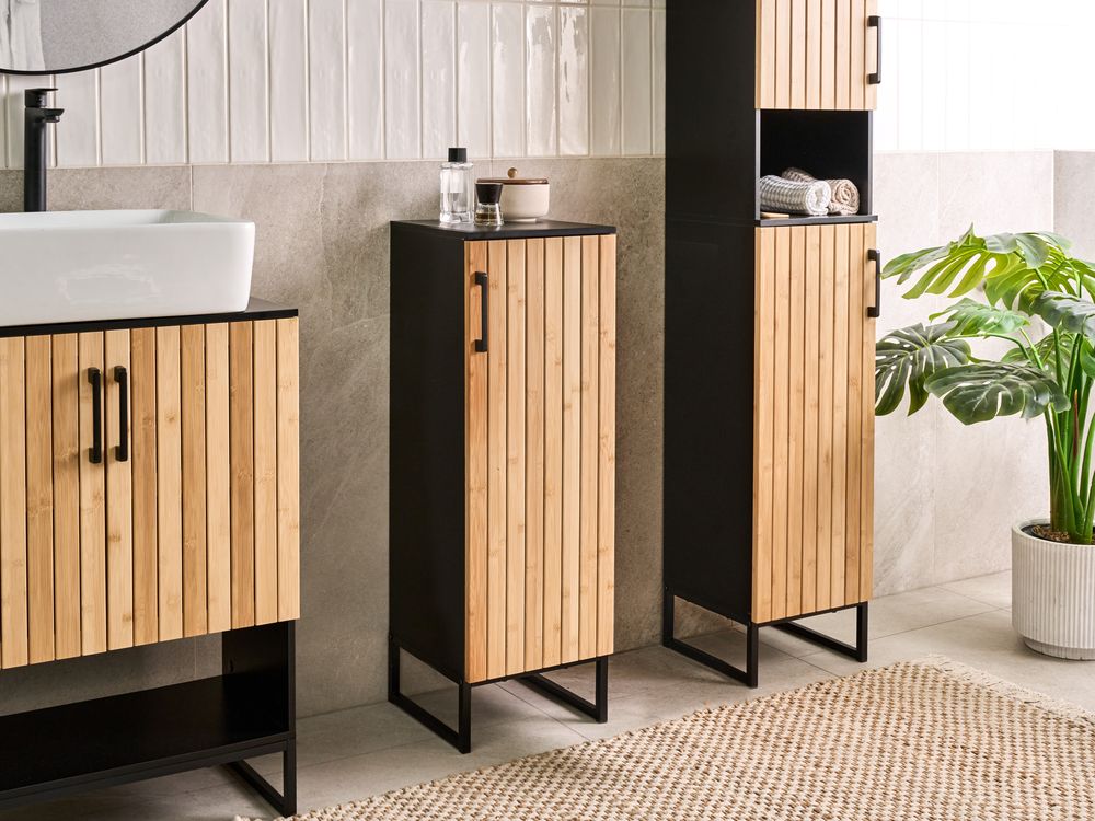 Mobile da bagno moderno con ripiani in legno di bambù acciaio e MDF 3 ripiani nero e marrone chiaro