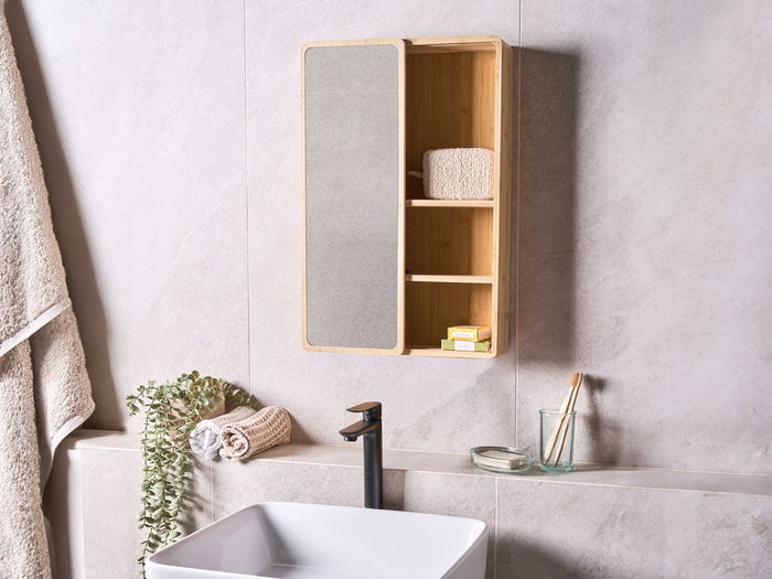 Mobile da bagno sospeso con ante scorrevoli a specchio 61 x 41 cm verniciato con 3 ripiani in legno di bambù marrone chiaro