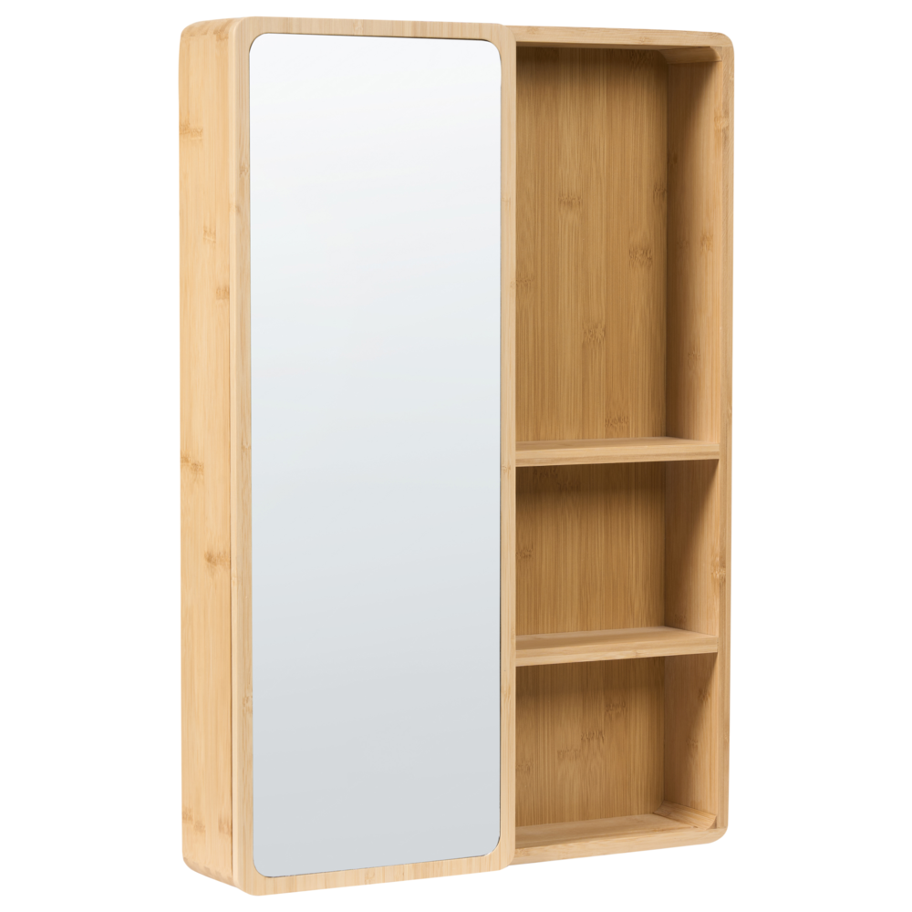 Mobile da bagno sospeso con ante scorrevoli a specchio 61 x 41 cm verniciato con 3 ripiani in legno di bambù marrone chiaro