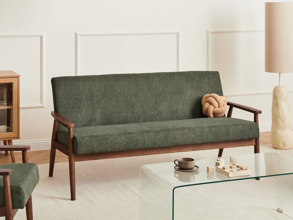 Divano da salotto a 3 posti in tessuto e struttura in legno verde e marrone scuro struttura in legno stile retrò