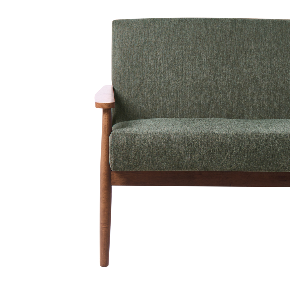 Divano da salotto a 3 posti in tessuto e struttura in legno verde e marrone scuro struttura in legno stile retrò