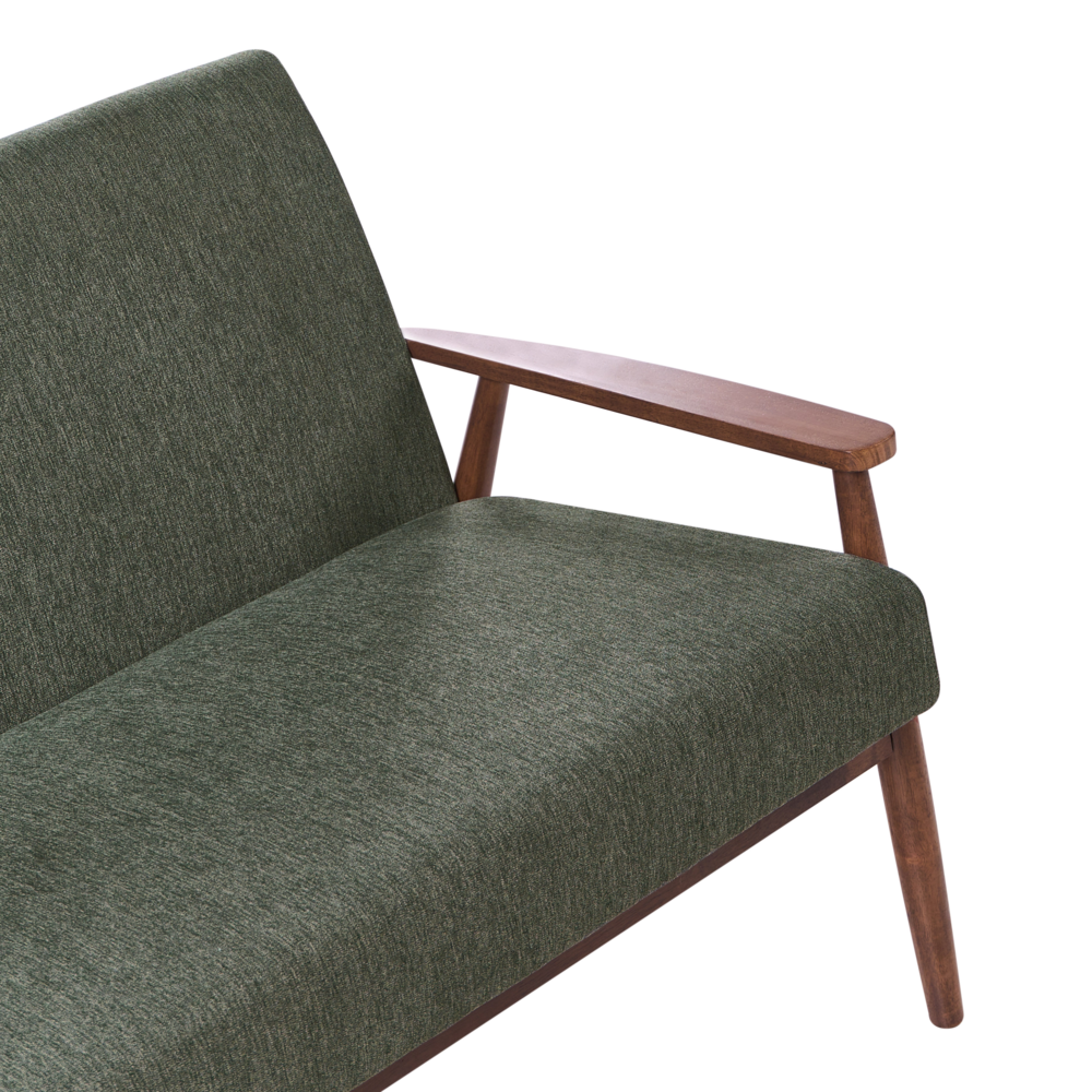 Divano da salotto a 3 posti in tessuto e struttura in legno verde e marrone scuro struttura in legno stile retrò