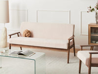 Divano da salotto a 3 posti in bouclé e struttura in legno beige e marrone scuro struttura in legno stile retrò