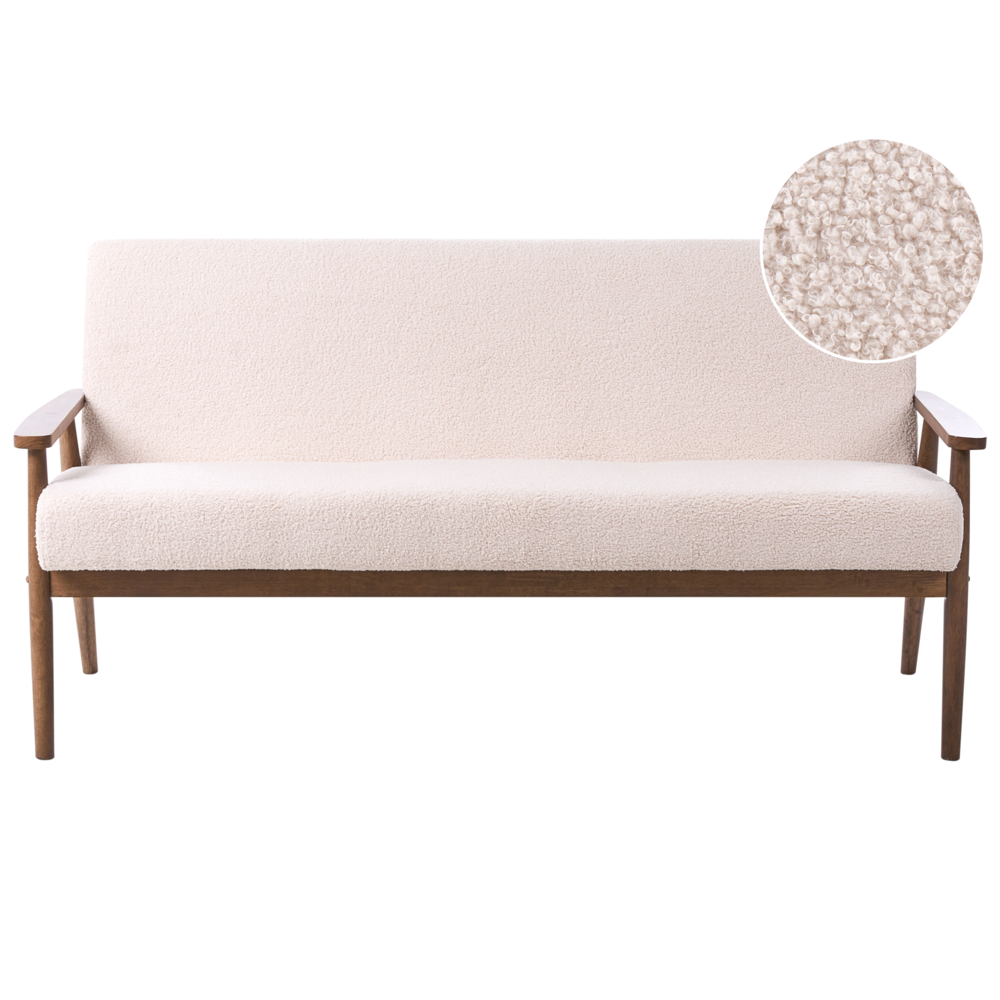 Divano da salotto a 3 posti in bouclé e struttura in legno beige e marrone scuro struttura in legno stile retrò