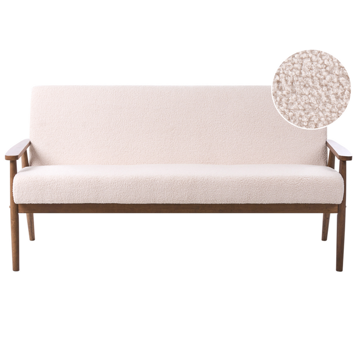 Divano da salotto a 3 posti in bouclé e struttura in legno beige e marrone scuro struttura in legno stile retrò