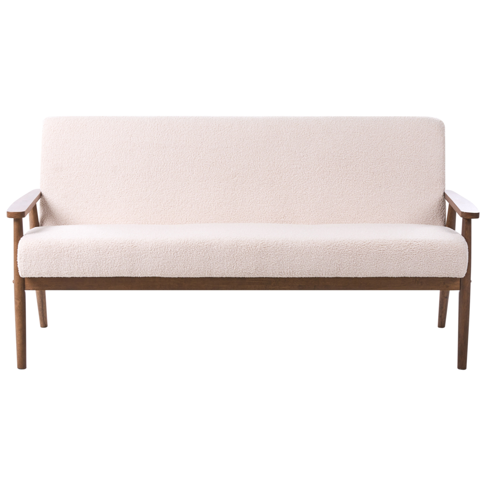 Divano da salotto a 3 posti in bouclé e struttura in legno beige e marrone scuro struttura in legno stile retrò