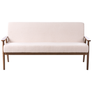 Divano da salotto a 3 posti in bouclé e struttura in legno beige e marrone scuro struttura in legno stile retrò