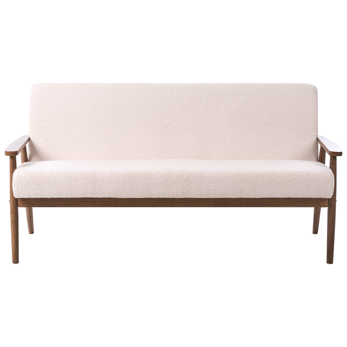 Divano da salotto a 3 posti in bouclé e struttura in legno beige e marrone scuro struttura in legno stile retrò