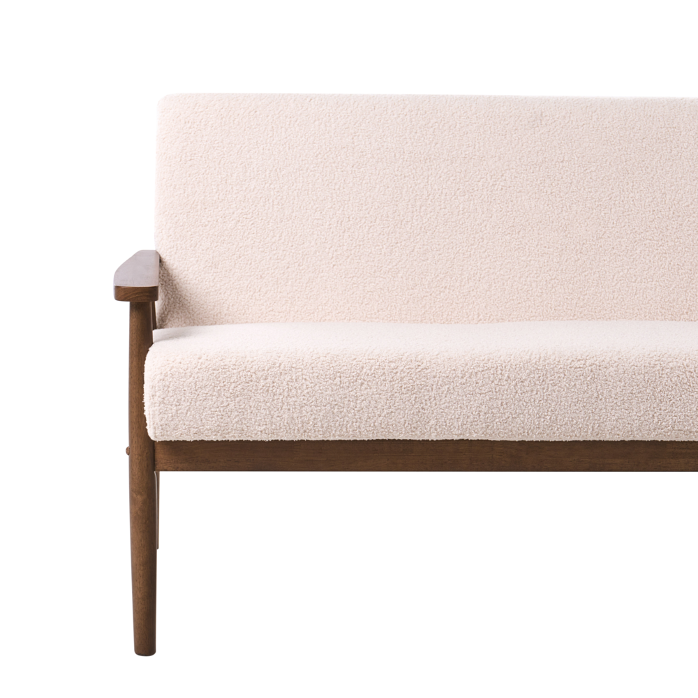 Divano da salotto a 3 posti in bouclé e struttura in legno beige e marrone scuro struttura in legno stile retrò