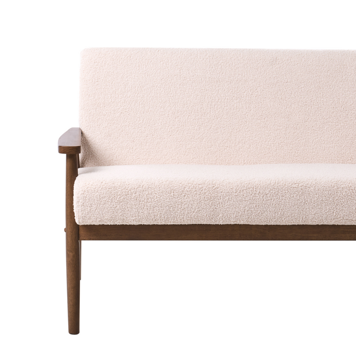 Divano da salotto a 3 posti in bouclé e struttura in legno beige e marrone scuro struttura in legno stile retrò