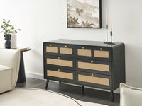 Cassettiera MDF 6 cassetti Gambe in legno Maniglie dorate Stile boho PE Rattan Nero