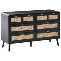 Cassettiera MDF 6 cassetti Gambe in legno Maniglie dorate Stile boho PE Rattan Nero