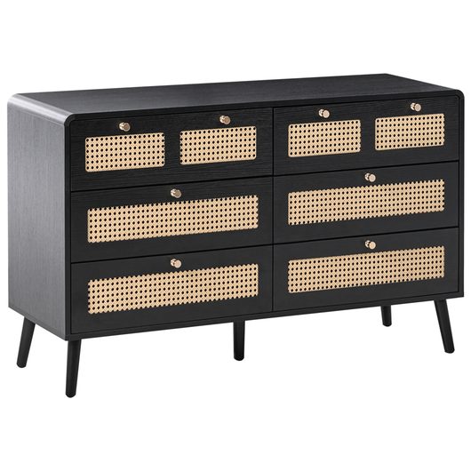 Cassettiera MDF 6 cassetti Gambe in legno Maniglie dorate Stile boho PE Rattan Nero