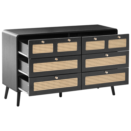 Cassettiera MDF 6 cassetti Gambe in legno Maniglie dorate Stile boho PE Rattan Nero